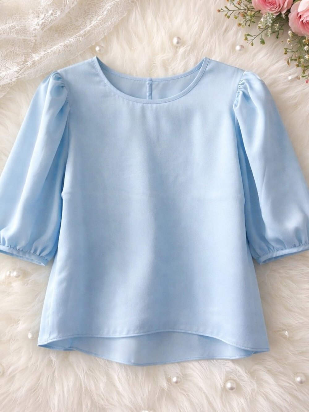 NWT Ann Taylor Light Blue Satin Puff Sleeve Blouse XS
